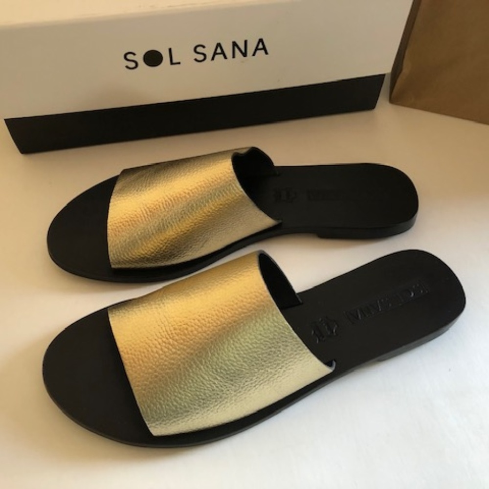 Sol Sana Slide Leather Gold Sandal. Size 7.5